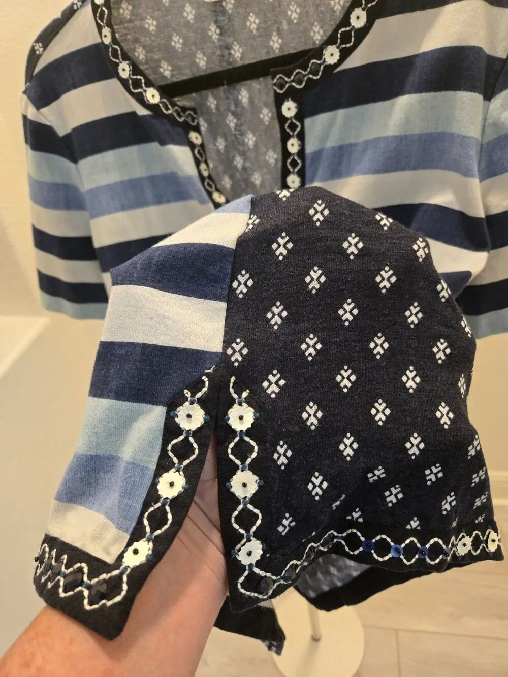 Tory Burch Navy and Light Blue Striped Embroidered Split-Neck Top